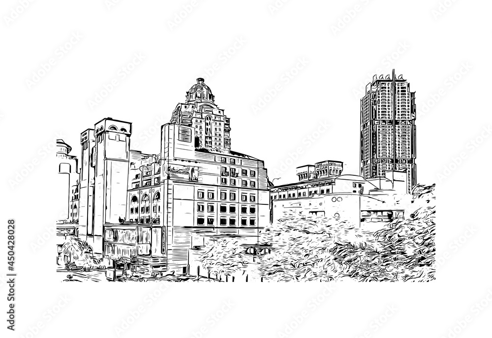 Building view with landmark of Johannesburg is the 
city in South Africa. Hand drawn sketch illustration in vector.