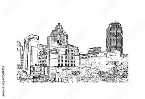 Building view with landmark of Johannesburg is the city in South Africa. Hand drawn sketch illustration in vector.