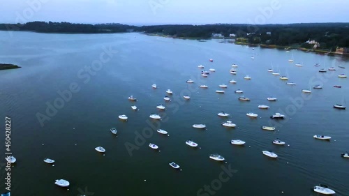 Aerial dolly left to right drone footage over Hingham Harbor MA photo