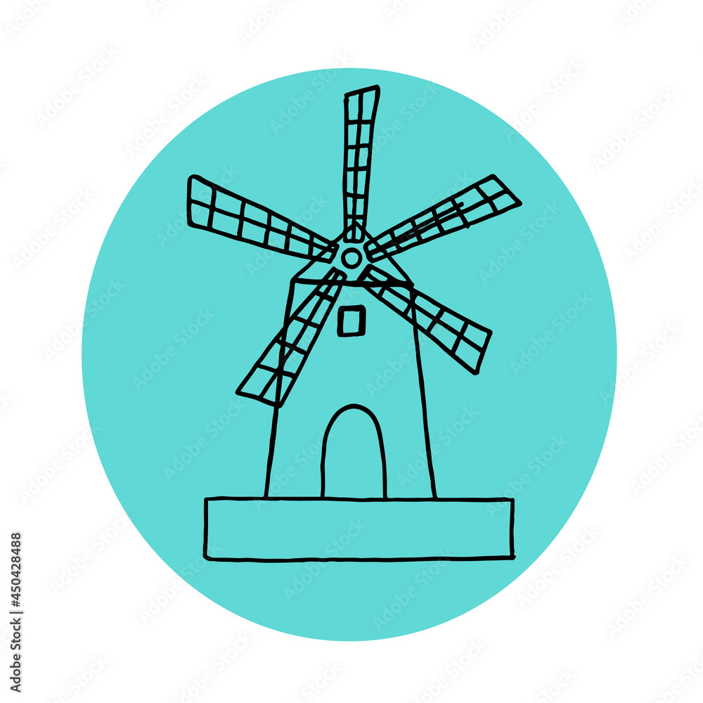 The windmill icon. Simple vector illustration of a windmill on a blue background. The windmill icon. Simple vector illustration of a windmill on a blue background.