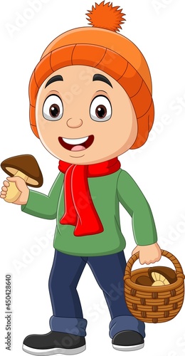 Cartoon little boy with basket of mushrooms