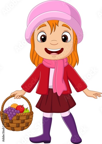 Cartoon little girl with basket of fruits