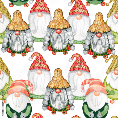 Digital Paper Seamless Pattern Cute Christmas Gnomes Watercolor by Hand
