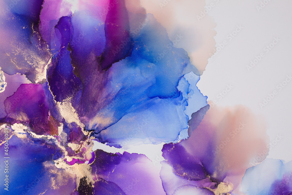 Abstract fluid art. Alcohol ink on canvas. Blue, purple, and gold. Abstract fluid art. Alcohol ink on canvas. Blue, purple, and gold.