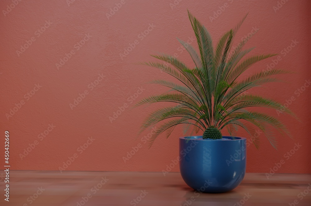 3D rendering, Green trees in a blue color flower pot. Potted house plants on Orange background. Minimal Green 