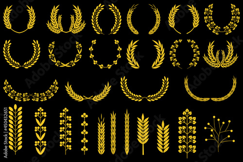 Wreaths spikelets set pattern for decorative design. Ear icon. Floral branch. Wedding decoration. Vector illustration. Stock image.
