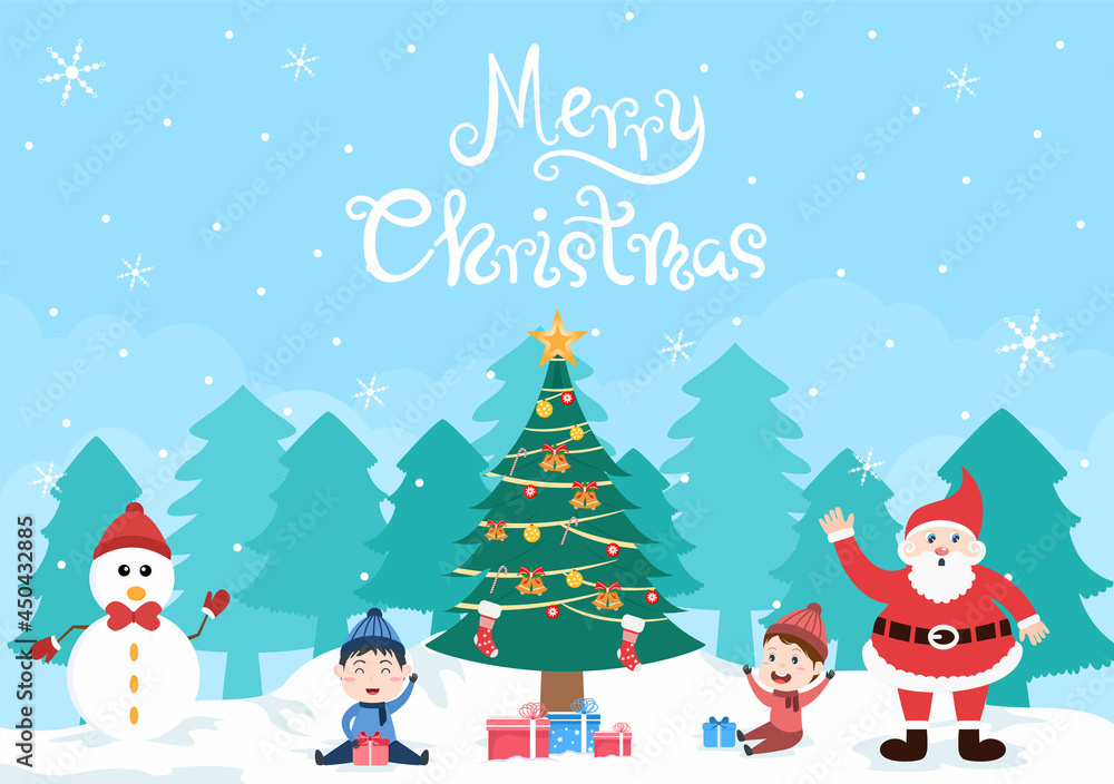 Happy Celebrating Christmas Day With Kids and Snowman, The Decoration Tree And Some Gift. Background Vector Illustration Happy Celebrating Christmas Day With Kids and Snowman, The Decoration Tree And Some Gift. Background Vector Illustration