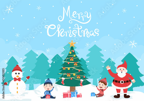 Happy Celebrating Christmas Day With Kids and Snowman, The Decoration Tree And Some Gift. Background Vector Illustration