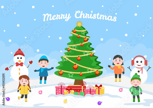 Happy Celebrating Christmas Day With Kids and Snowman, The Decoration Tree And Some Gift. Background Vector Illustration
