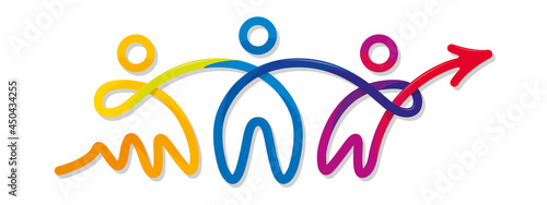 Unity concept. Drawing of 3 abstract people joined by their arms formed by a thick line that changes color from yellow, green, blue, purple to red