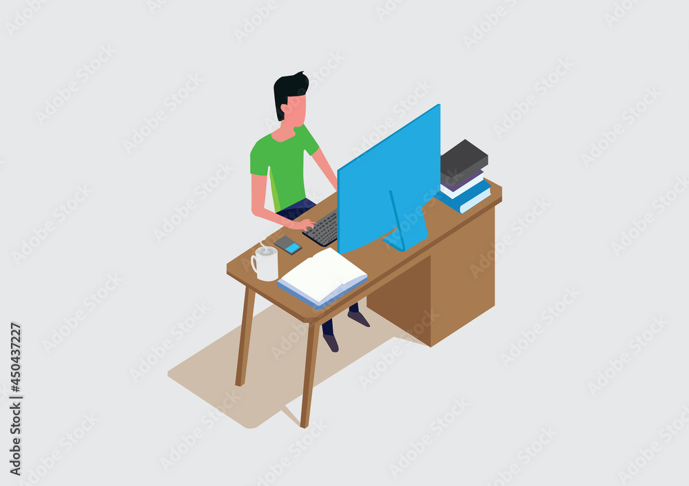 illustration of a man sitting at a desk. Office work done at home. sitting in front of the computer