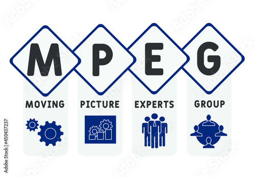 MPEG - Moving Picture Experts Group acronym. business concept background.  vector illustration concept with keywords and icons. lettering illustration with icons for web banner, flyer, landing 