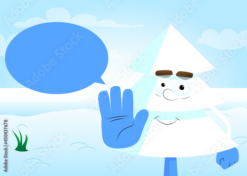 Cartoon winter pine trees with faces showing deny or refuse hand gesture. Cute forest trees. Snow on pine cartoon character, funny holiday vector illustration.