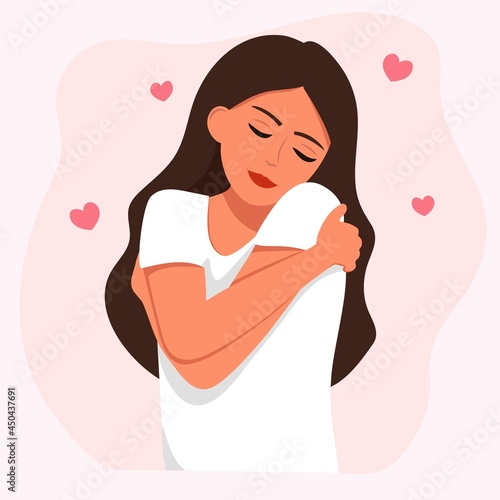 Love yourself. Happy woman hugs herself with hearts on a white background. Vector illustration for love, positive body.