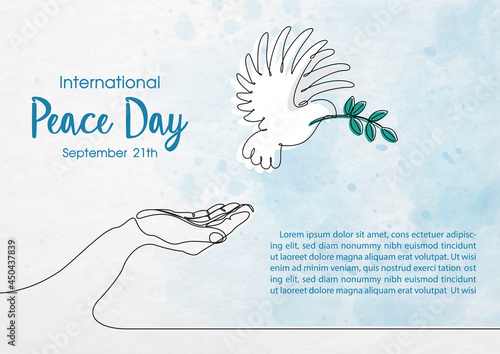 Hand draw and one line style in a peace dove with a human hand shape and the name of event lettering, example texts on blue watercolor and white paper pattern background.