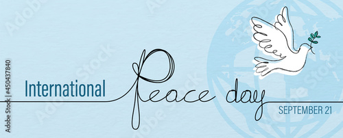 Hand draw and one line style in a peace dove shape with the name of event lettering on global icon and blue background. Poster's concept of Peace day campaign in banner and vector design.