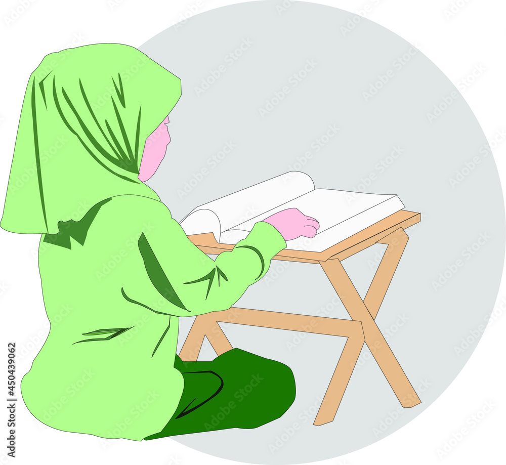 Fototapeta premium Asian girl muslim reading al quran book on ramadan. 