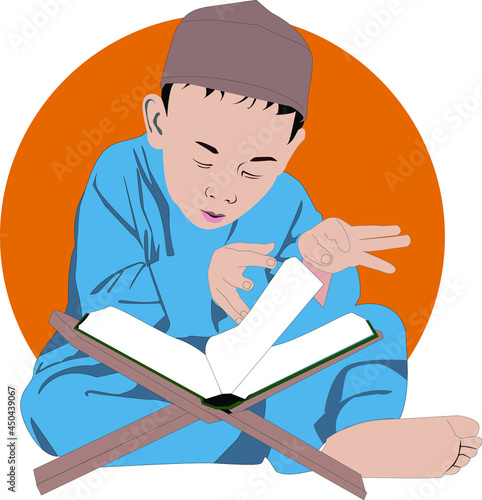 Muslim kid reading Al QuranQuran is Islamic holy book. Kid Recitation Quran. Daily activities of Muslim people. Ramadan's activity. Pray when fasting day.