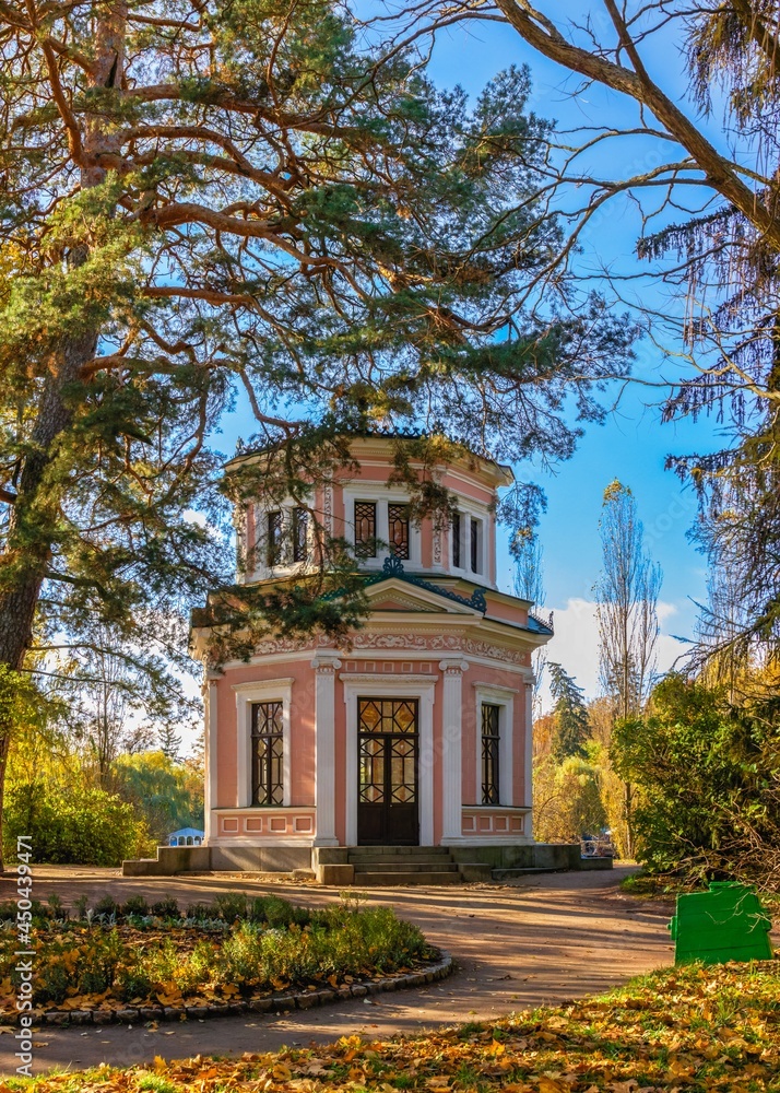 Pavilion on the island in the Sofiyivsky arboretum. Uman, Ukraine