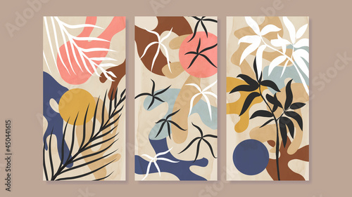 Mid century modern triptych prints wall art vector. Trio abstract art background with tropical leaves and flower. Watercolor wallpaper design with organic shapes hand paint. 