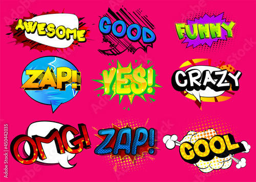 Awesome, Good, Funny, Zap, Yes, Crazy, OMG, Zap, Cool - Cartoon words, text effect. Speech bubble. Comics wording sound collection. Set for your comic book background, strip.