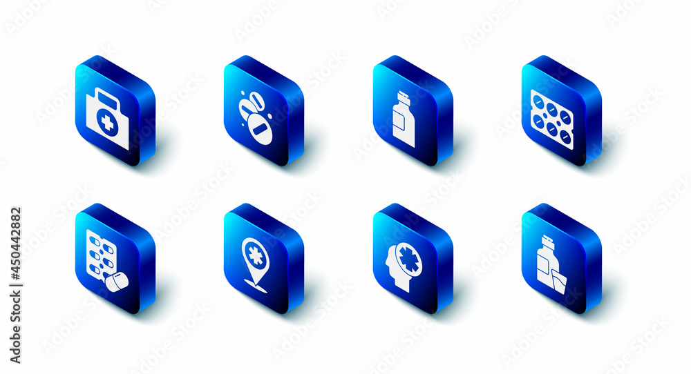 Set Medicine pill or tablet, Bottle of medicine syrup, Pills blister pack, Male head with hospital, Map pointer cross, and First aid kit icon. Vector Set Medicine pill or tablet, Bottle of medicine syrup, Pills blister pack, Male head with hospital, Map pointer cross, and First aid kit icon. Vector