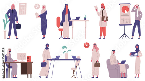 Arab islamic office team business people characters. Male and female business partners vector illustration set. Saudi business meeting persons