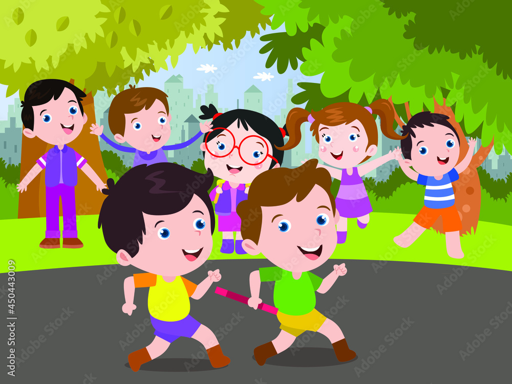 Cute Children athletes running competitive relay race watched by spectators 2d cartoon vector illustration