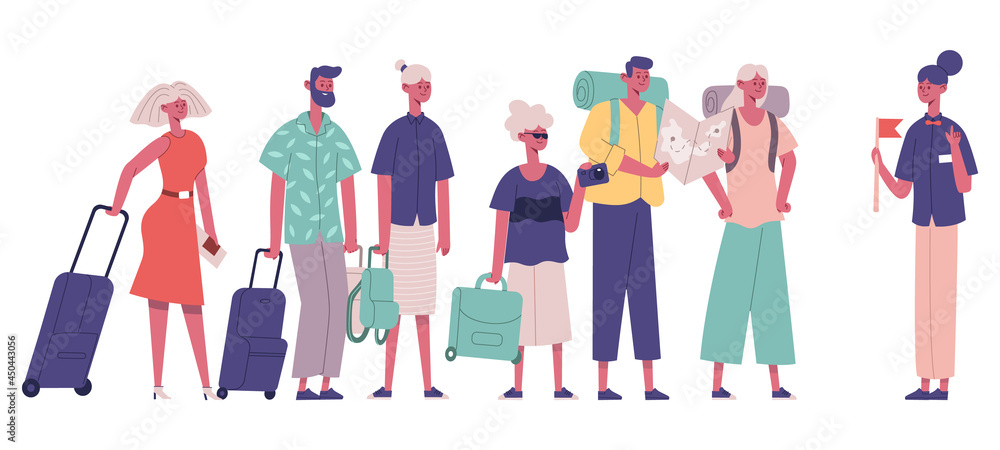 Tourists group visitors explore interesting places with guide. Male and female tourists new city excursion vector illustration. International tourists group