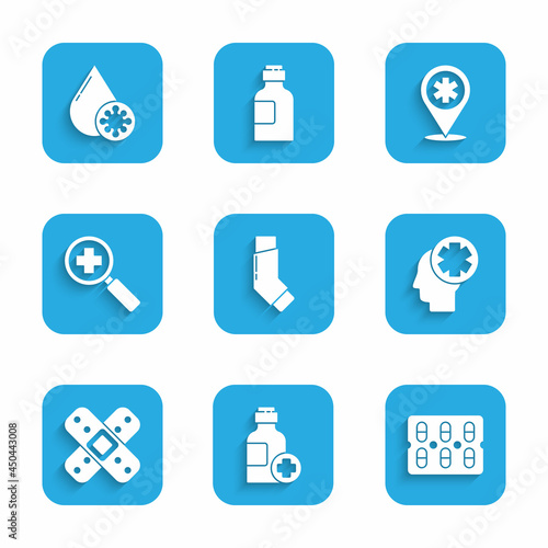 Fototapeta Naklejka Na Ścianę i Meble -  Set Inhaler, Bottle of medicine syrup, Pills blister pack, Male head with hospital, Crossed bandage plaster, Magnifying glass for search medical, Map pointer cross and Blood test virus icon. Vector