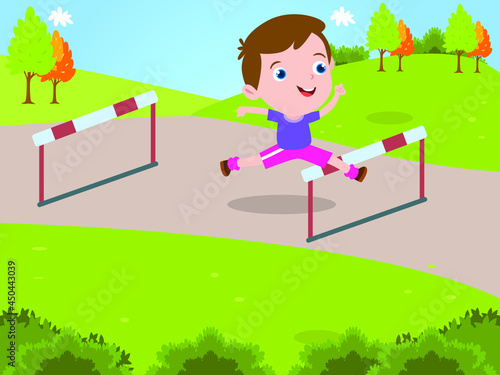 Cute cheerful boy jumping over hurdle in physical education at school flat cartoon vector illustration