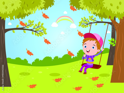 Cute happy boy having fun on a swing in autumn 2d cartoon vector illustration