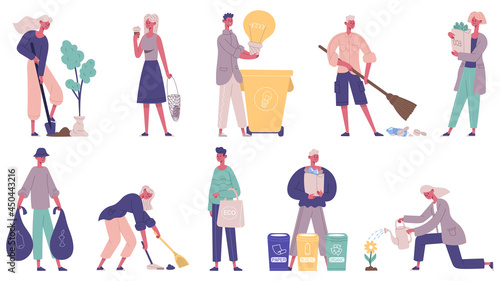 Eco friendly, zero waste, protecting environment volunteers. People collecting garbage, sorting waste vector illustration set. Environmental protection people