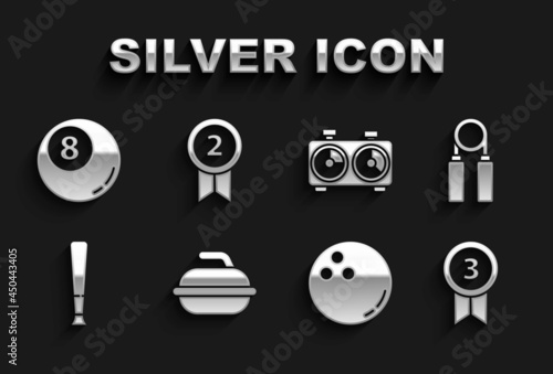 Set Stone for curling sport game, Sport expander, Medal, Bowling ball, Baseball bat, Time chess clock, Billiard pool snooker and icon. Vector