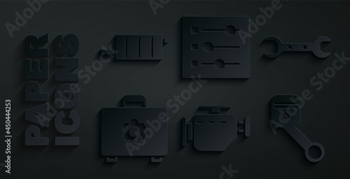 Set Check engine, Wrench spanner, Toolbox, Engine piston, Car settings and muffler icon. Vector