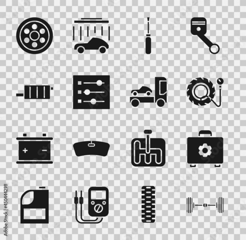 Set Chassis car, Toolbox, Tire pressure gauge, Screwdriver, Car settings, muffler, Alloy wheel and transporter truck icon. Vector