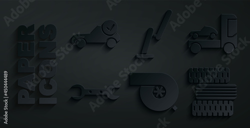 Set Automotive turbocharger, Car transporter truck, Wrench spanner, tire wheel, Windscreen wiper and service check automotive icon. Vector
