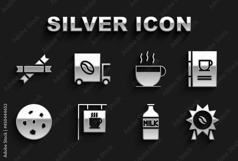 Set Street signboard coffee, Coffee book, Medal for, Bottle with milk, Cookie biscuit, cup, Sugar stick packets and street truck machine icon. Vector Set Street signboard coffee, Coffee book, Medal for, Bottle with milk, Cookie biscuit, cup, Sugar stick packets and street truck machine icon. Vector