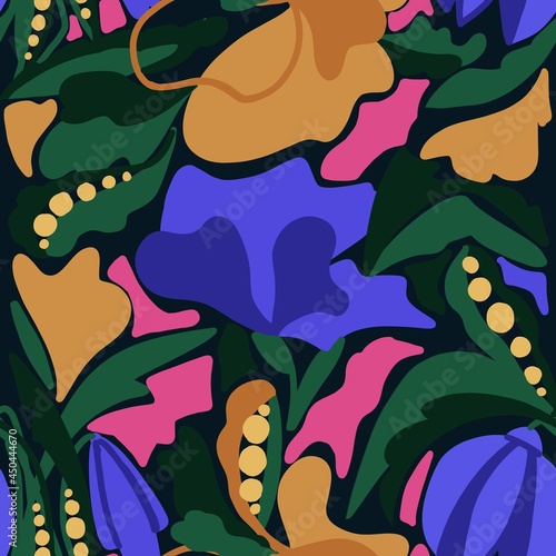 Abstract seamless pattern on a dark background of leaves, flowers, elements of nature. For packaging, website, fabric, wallpaper, textiles