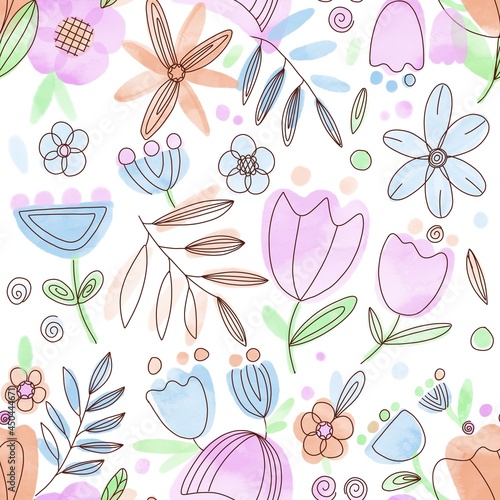 Seamless floral pattern with different colors in digital watercolor technique on a white background. For fabric, packaging, wallpaper, website, textiles.