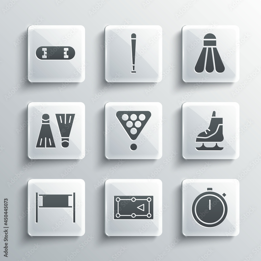 Set Billiard table, Stopwatch, Skates, balls in rack triangle, Volleyball net, Rubber flippers for swimming, Skateboard trick and Badminton shuttlecock icon. Vector