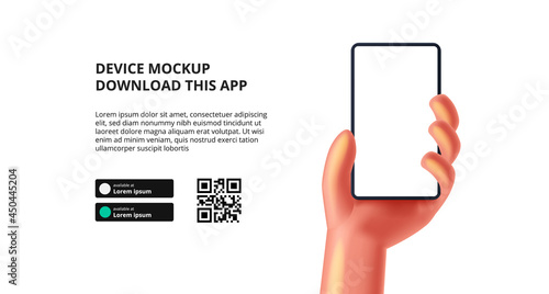 landing page banner advertising for downloading app for mobile phone, cute 3D hand holding smartphone device mockup. Download buttons with scan qr code template.