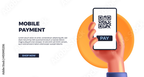 3d cute hand holding smartphone for mobile payment. cashless society, qr code for tag payment product finance display for banking