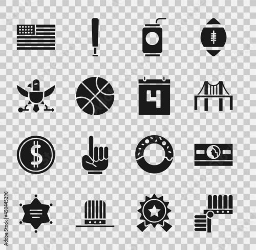 Set Indian headdress with feathers, Stacks paper money cash, Golden gate bridge, Soda can straw, Basketball ball, Eagle, American flag and Calendar date July 4 icon. Vector