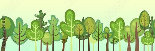 Flat forest. Horizontal seamless composition. Trunks. Cartoon style. Funny green rural landscape. Level the game. Comic design. Cute scene with trees. Vector