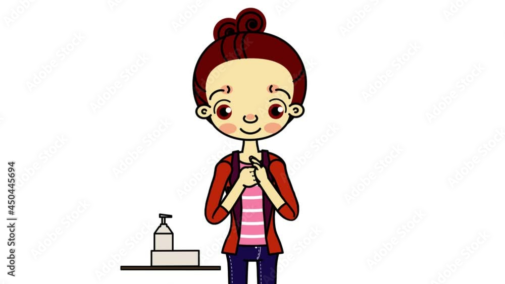 Female office girl casual wear performing hygienic hand disinfection and testing Covid-19 Self Test on white background. cartoon animation. Female office girl casual wear performing hygienic hand disinfection and testing Covid-19 Self Test on white background. cartoon animation.