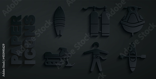 Set Bungee jumping, Jet ski, Snowmobile, Kayak or canoe, Aqualung and Surfboard icon. Vector