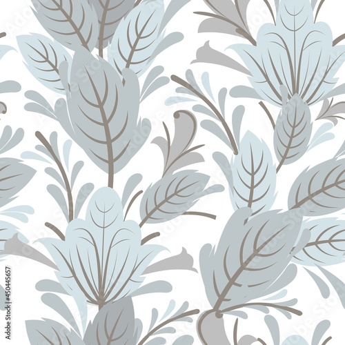 Silver vegetable seamless pattern. Cool ornament. Interlacing of branches and flowers. Background illustration. Elegant fashionable. Flat cute isolated Vector