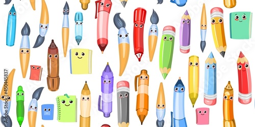 Stationery background illustration. Funny Characters. Seamless pattern. Pencils and ballpoint and gel pens. Books and notebooks. Scattered in disarray. Isolated on white background. Cartoon Vector