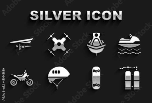 Set Bicycle helmet, Jet ski, Aqualung, Skateboard trick, Mountain bike, Hang glider and Drone flying icon. Vector